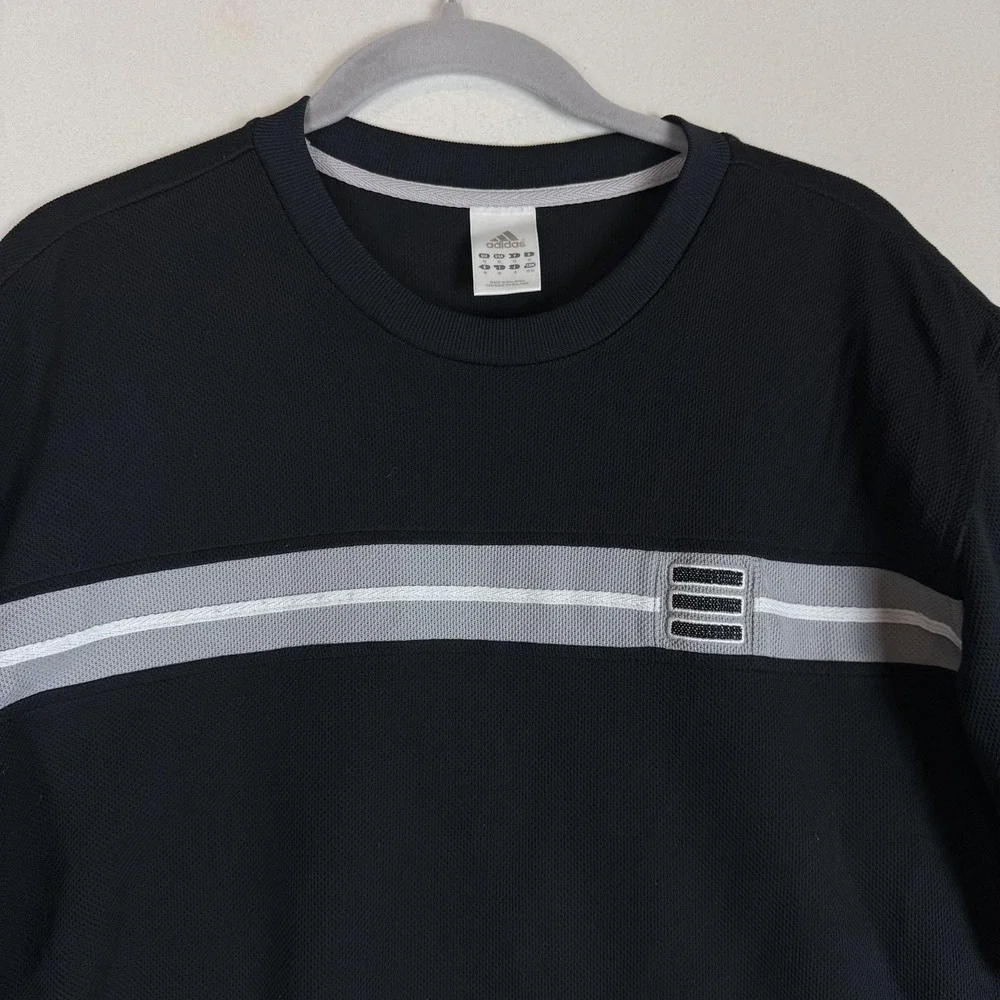 Vintage Adidas Shirt Mens Medium Black Mesh Stripe Short Sleeve Athletic Tee Y2K